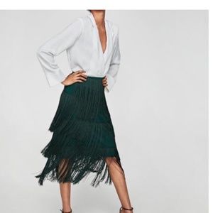 Zara Green Tassel Midi Skirt, Size L, EUC